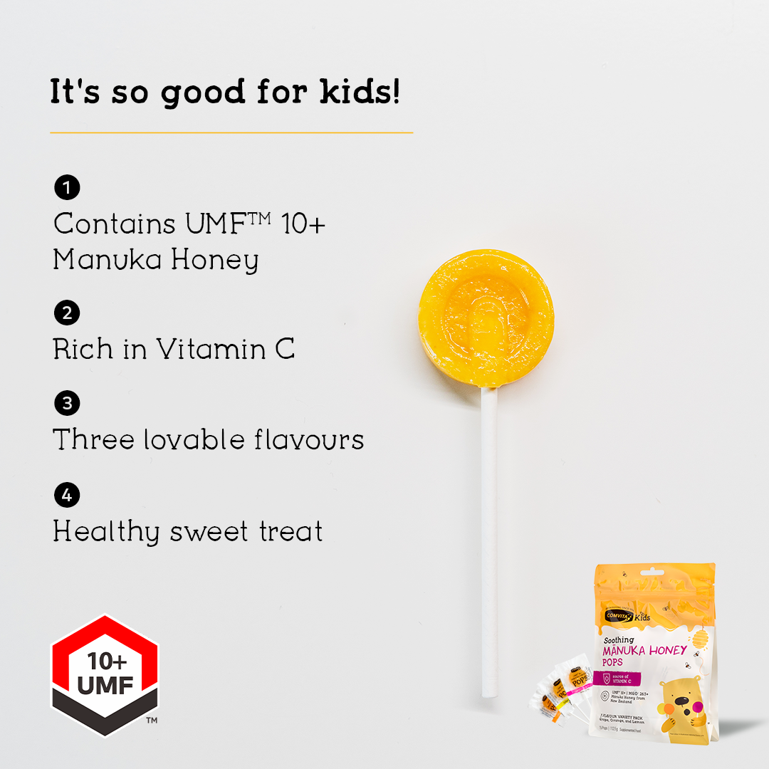 Comvita KIDS SOOTHING POPS WITH UMF™ 10+ MANUKA HONEY (3 Flavor Variety Pack – Grape, Orange, and Lemon)