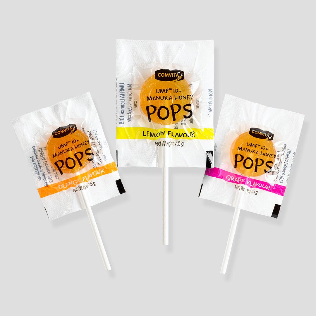 Comvita KIDS SOOTHING POPS WITH UMF™ 10+ MANUKA HONEY (3 Flavor Variety Pack – Grape, Orange, and Lemon)