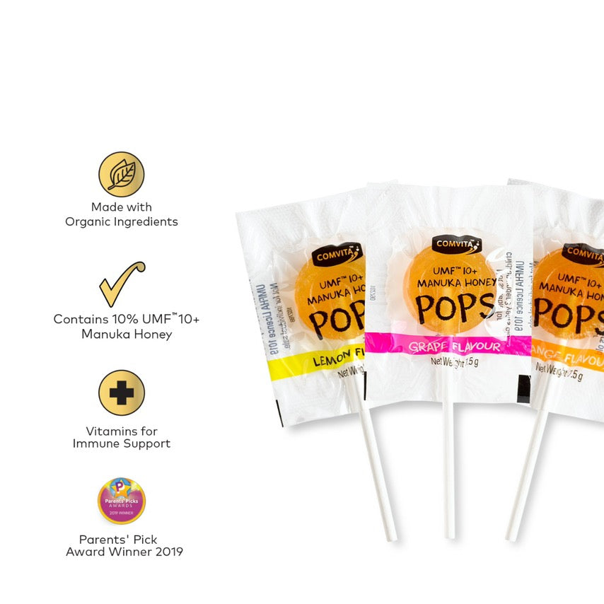 Comvita KIDS SOOTHING POPS WITH UMF™ 10+ MANUKA HONEY (3 Flavor Variety Pack – Grape, Orange, and Lemon)